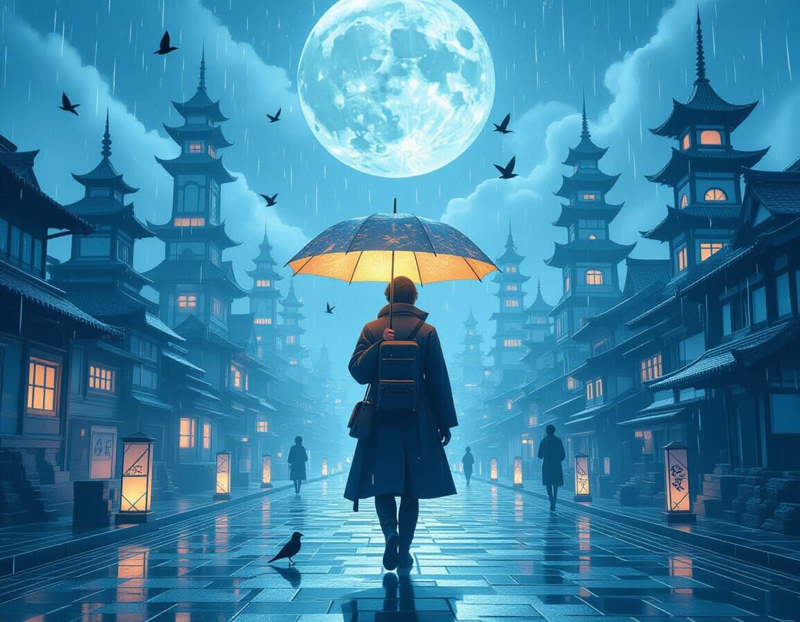 Origami City Under Ink Rain with Glowing Umbrella