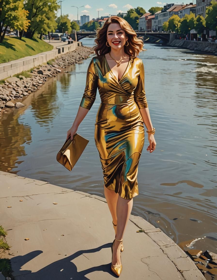 Psychedelic Woman Strolls Along River in Golden Elegance