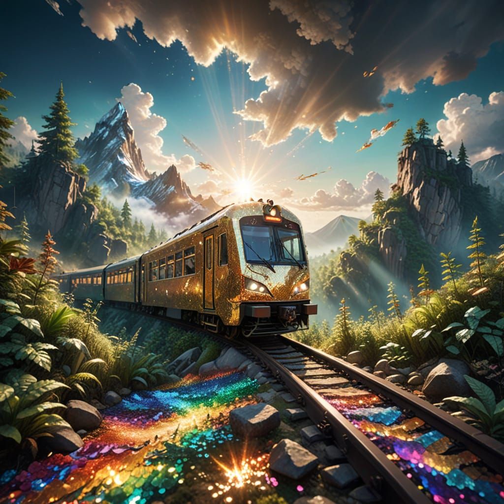 Anime-Style Golden Train Ascends Sparkling Sequin Path
