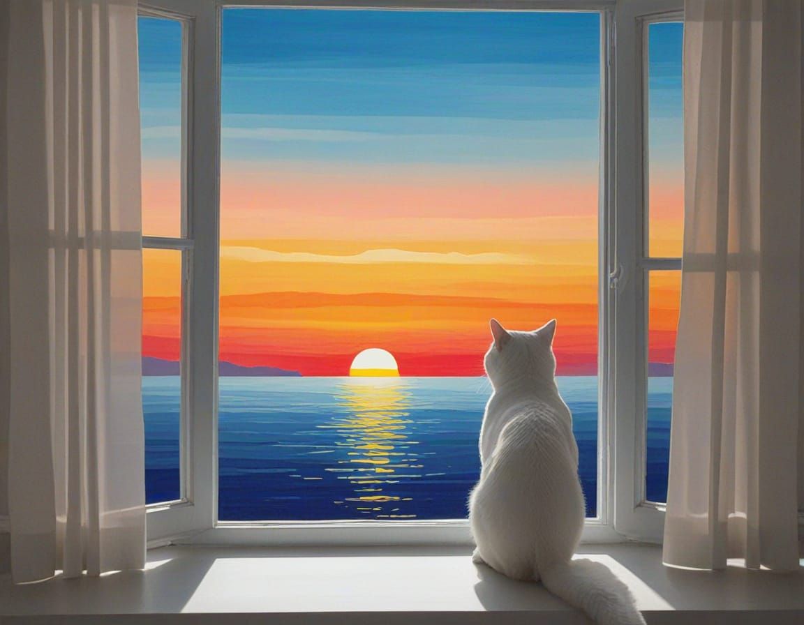 Minimalist Sunset Seascape with Silhouetted Cat