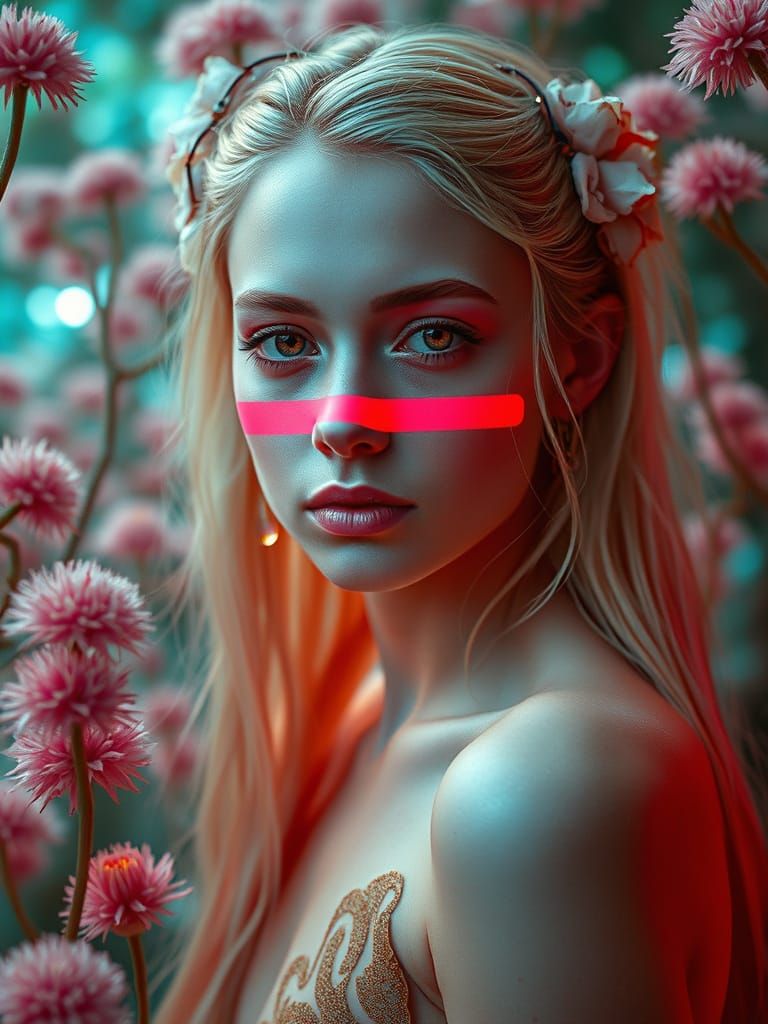 Cyborg Nymph in Bioluminescent Jungle