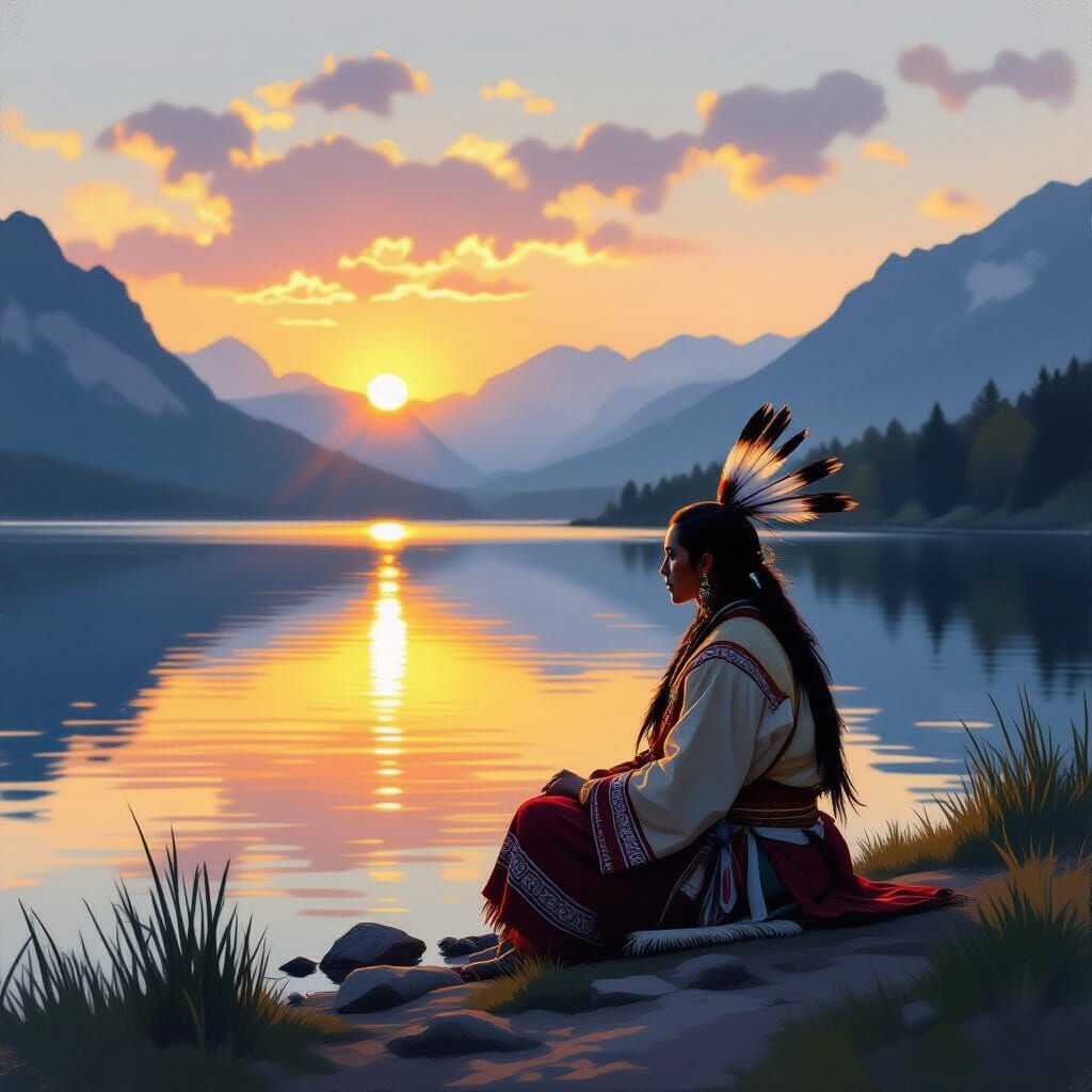 Shaman Meditates by Mountain Lake: Impressionism