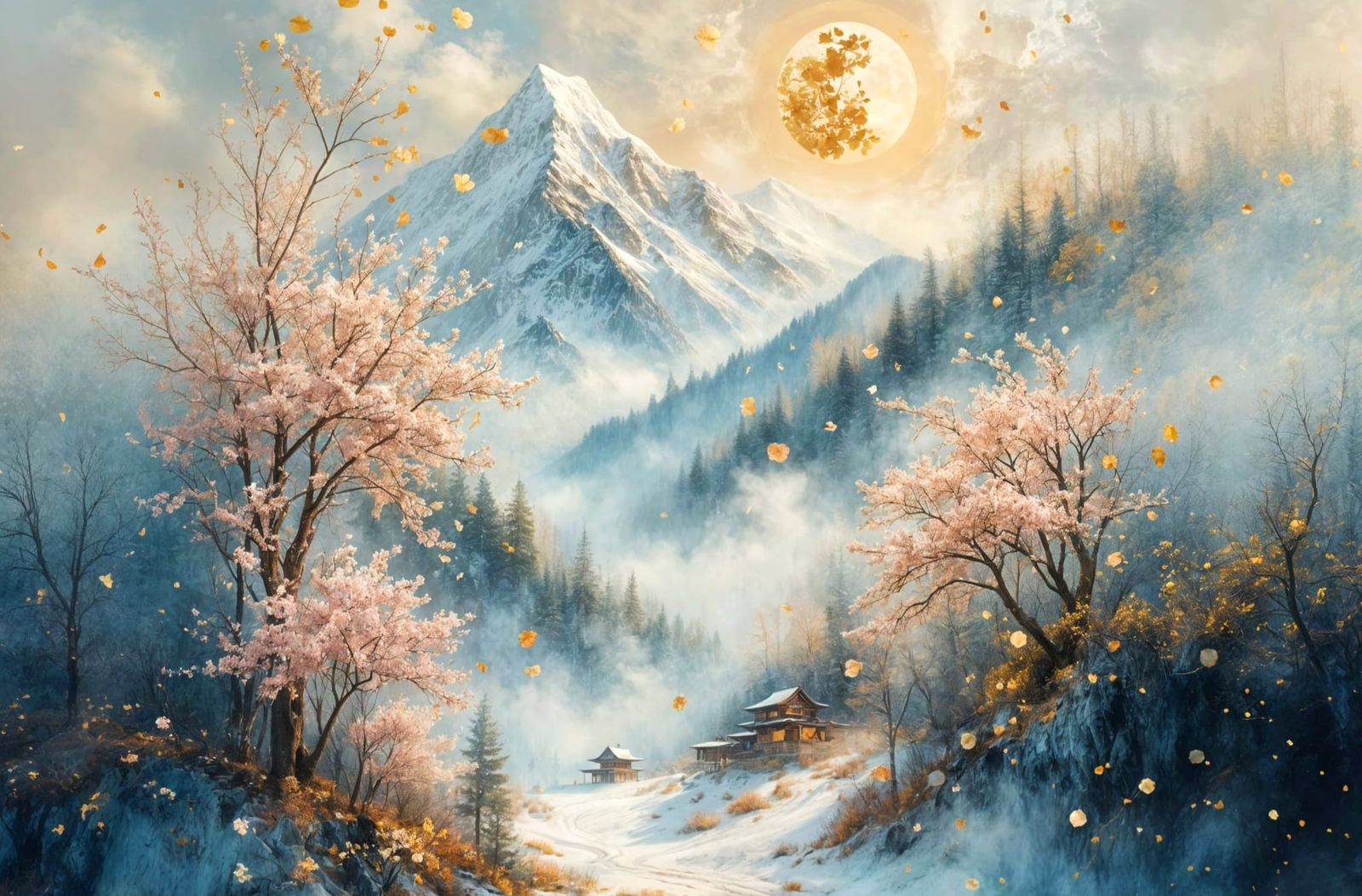 Ethereal Temple Scene with Almond Blossoms and Snow