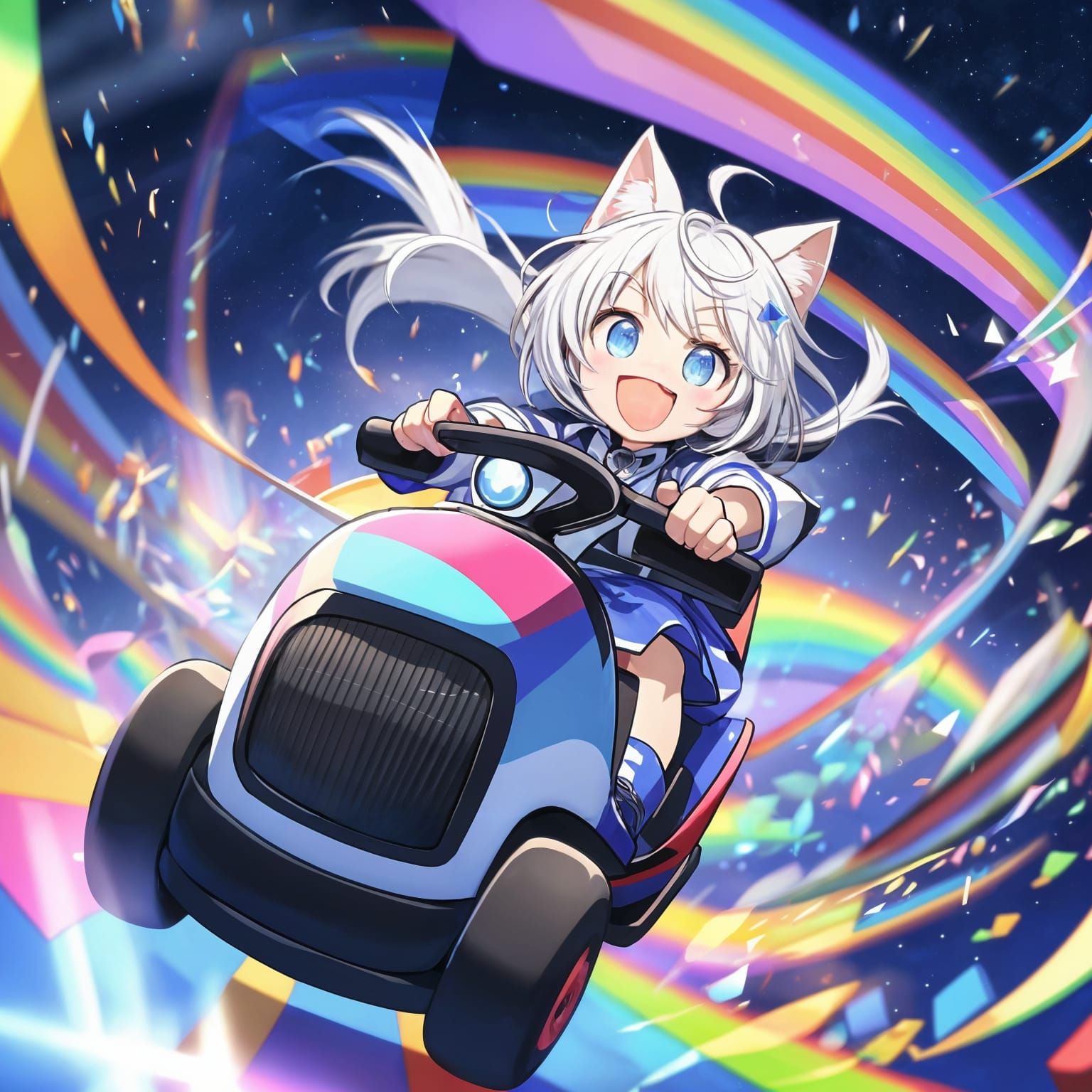 Adorable Catgirl Kart Racing on Rainbow Road