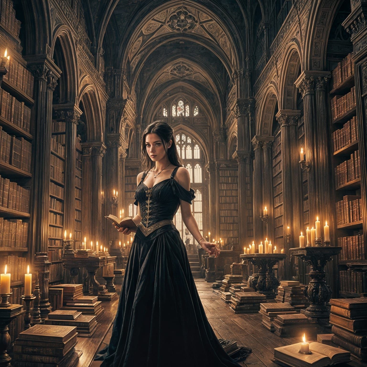 Woman Discovering Forbidden Knowledge in Dark Library