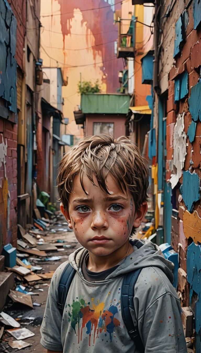 Sad Little Boy in Neighborhood: Hyperrealistic Splash Art