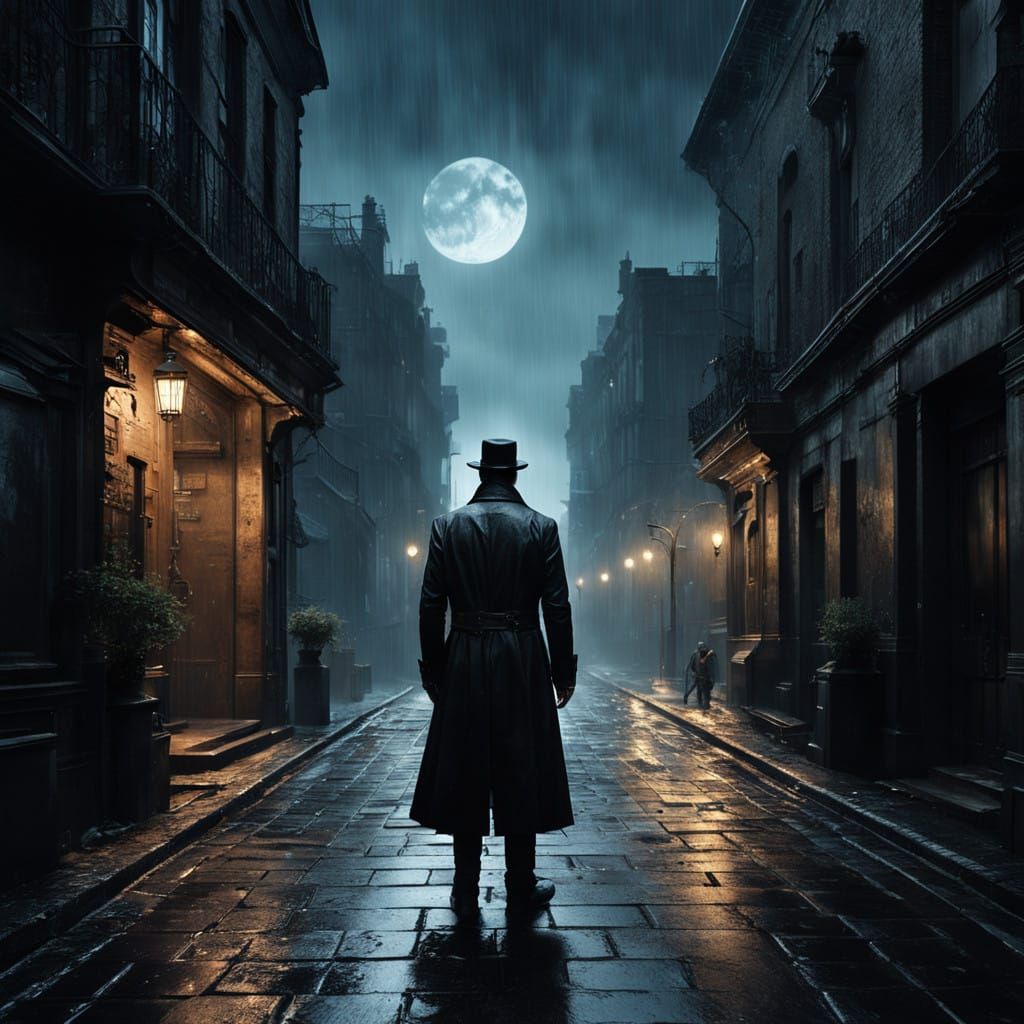 A lone killer a very broad shouldered man standing in a alleyway it's raining and from his pose you can see he is huntin...