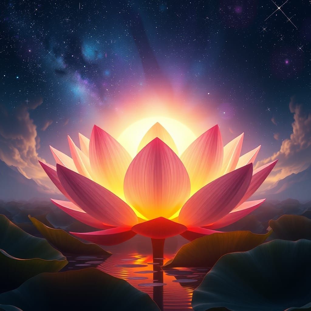 Glowing Lotus Bloom in Starry Night Sky