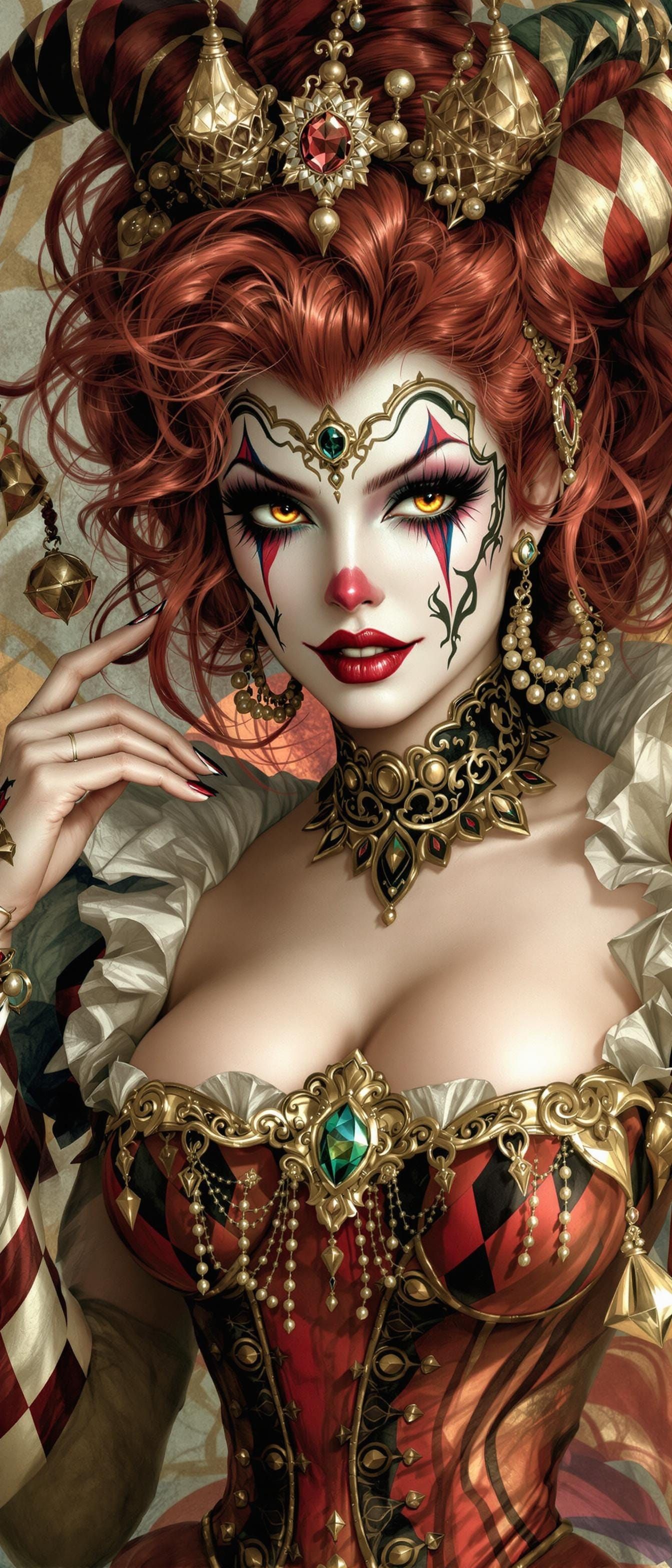 Vibrant Harlequin Queen in Intricate Makeup and Corset