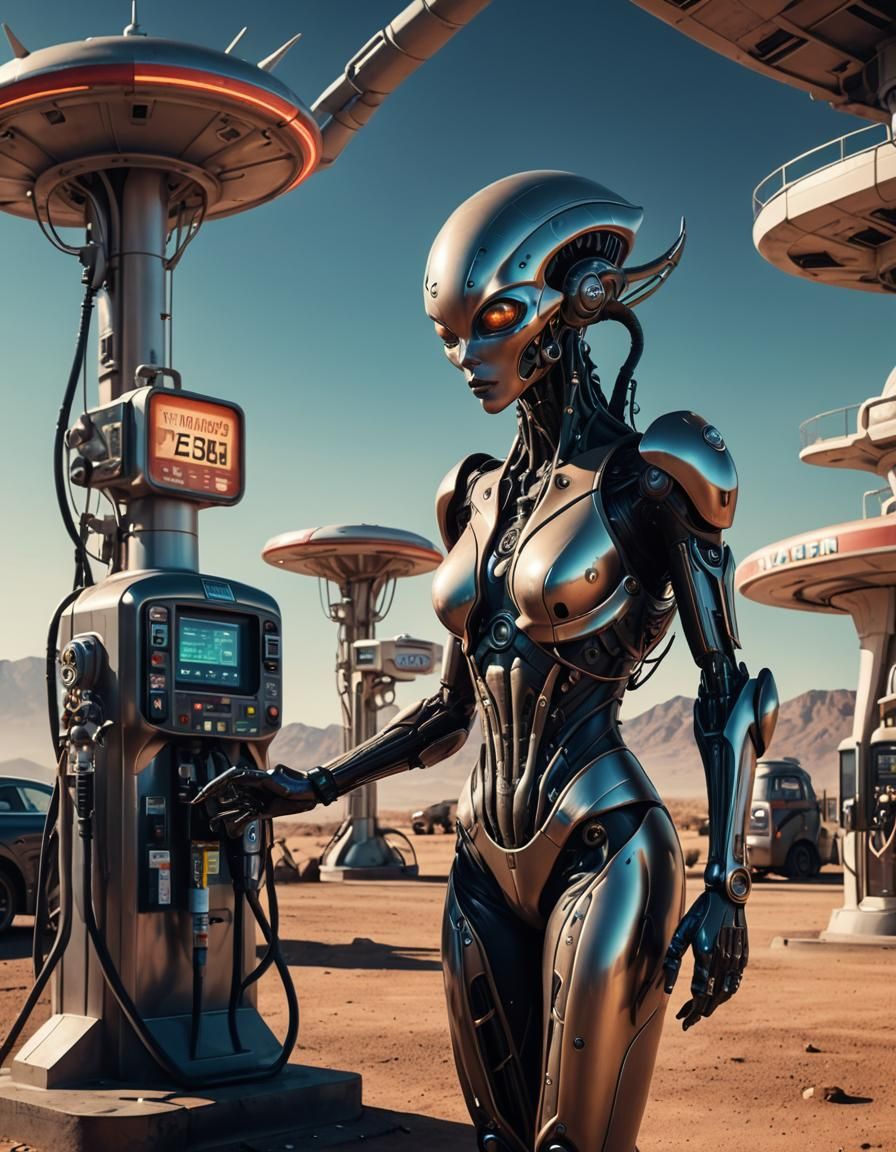 Alien Gas Station with Biomechanical Woman: Sci-Fi Illustrat...
