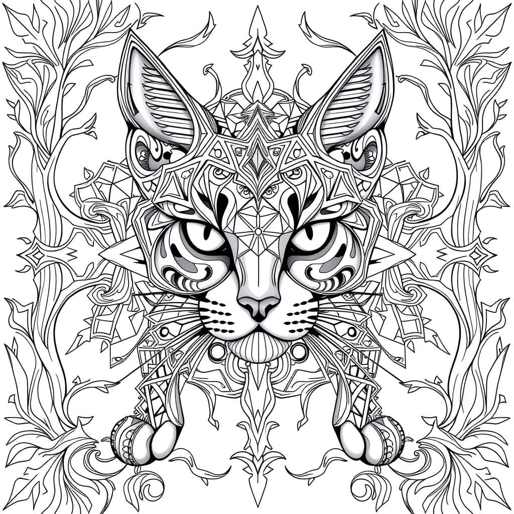 Symmetrical Forest Cat in Intricate Geometric Patterns