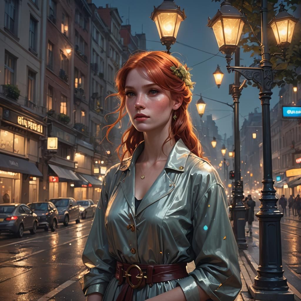 Redhead in Streetlight: Hyperdetailed Art Nouveau Portrait