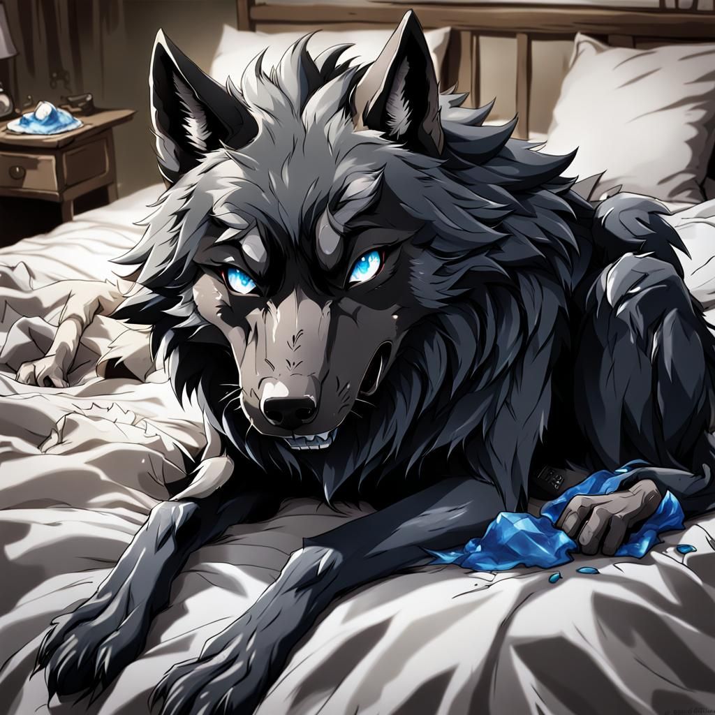 Despairing Anthropomorphic Wolf in Anime Style