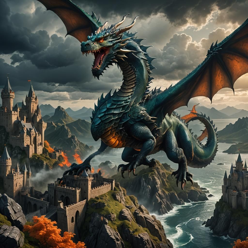 Epic Dragon Soaring Over Stormy Medieval Coastline
