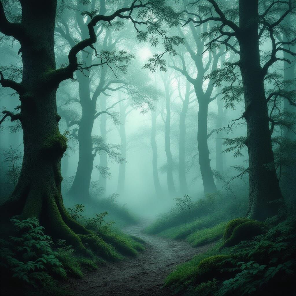 Mystical Foggy Sherwood Forest Landscape Painting