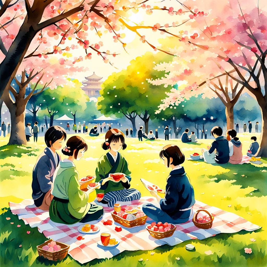 Ueno Park Family Picnic in Watercolor Style