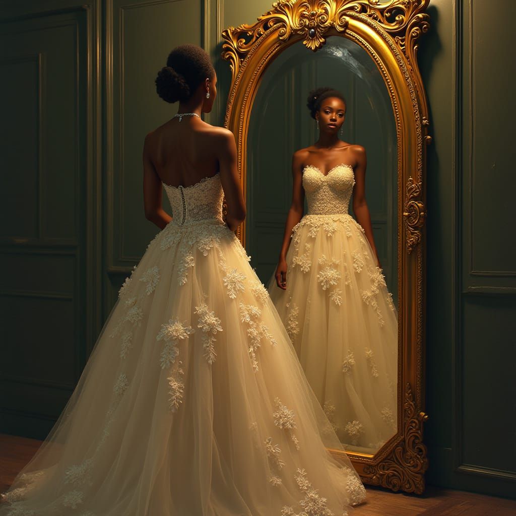 Glamorous African American Bride in Gilded Mirror