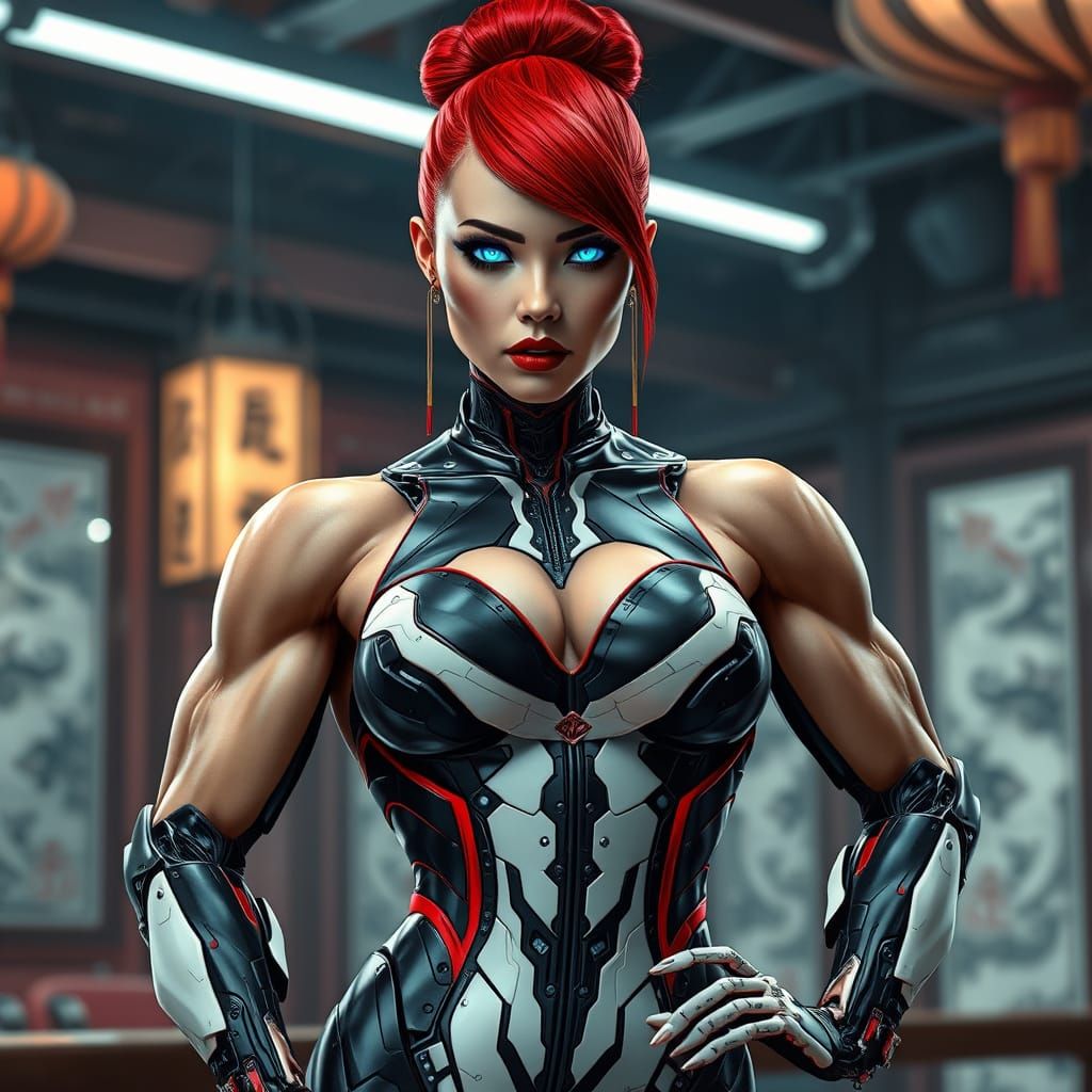 Cyborg Bodybuilder Hostess at Cyberpunk Dojo