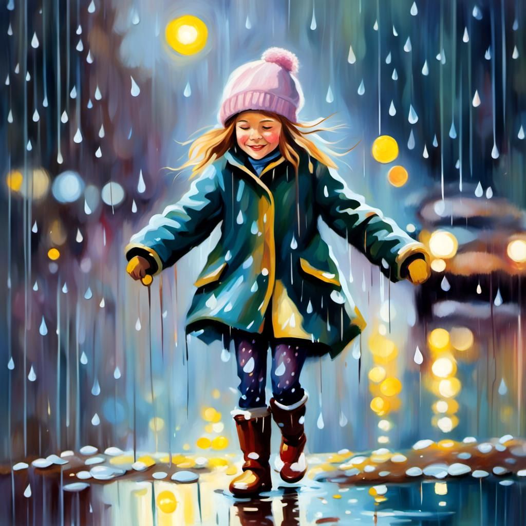 Girl Dancing in Rain, Whimsical Impressionist Oil Painting