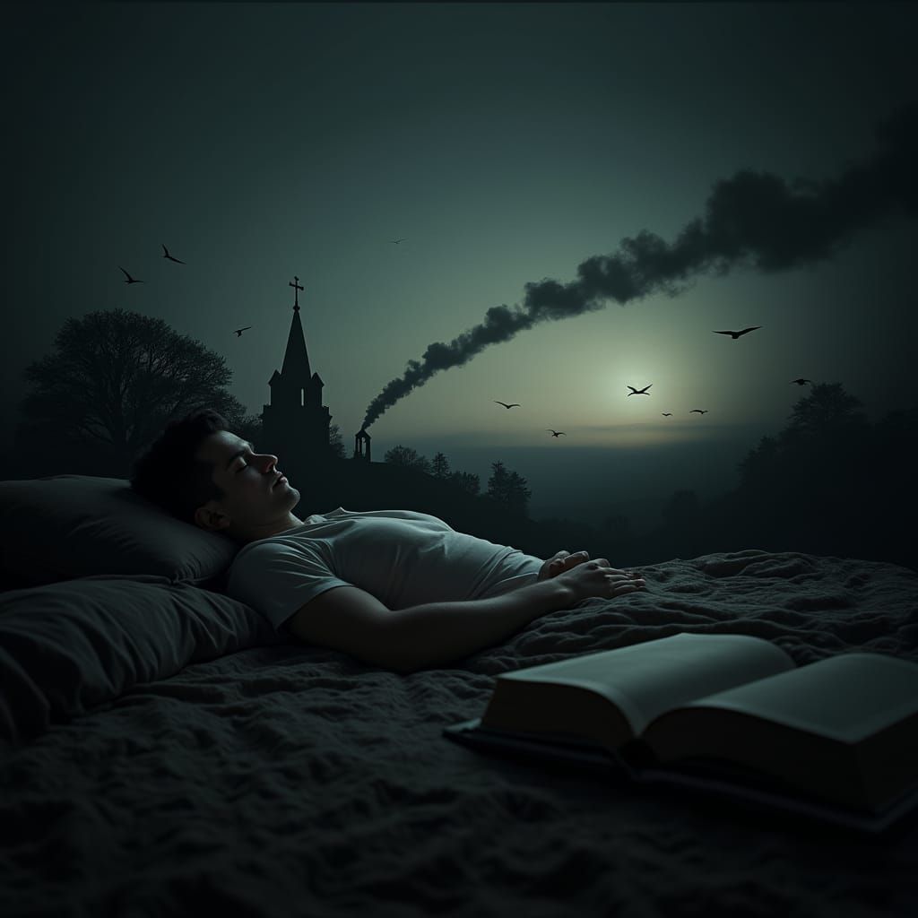 A Serene Man Lies Asleep in a Dreamlike Bedroom Scene