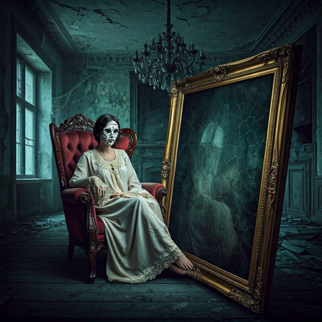 Masked Woman in Abandoned House, Mystical Art