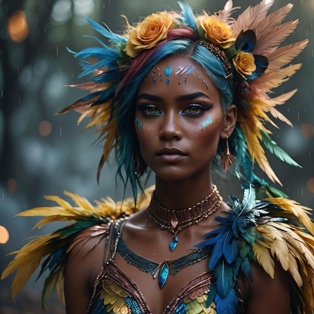 Rose Gold Woman with Colorful Feathers