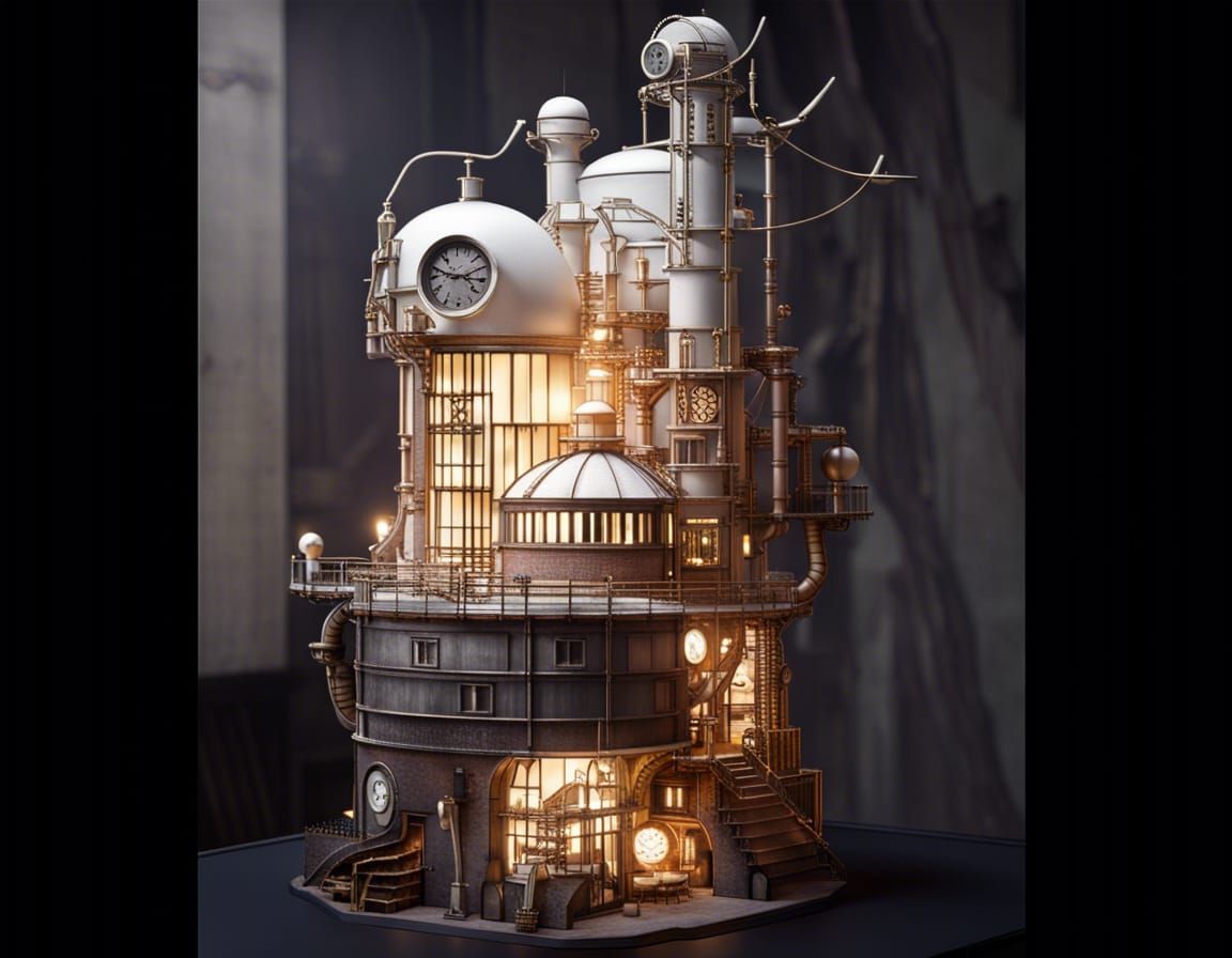 Steampunk Factory Model at Night