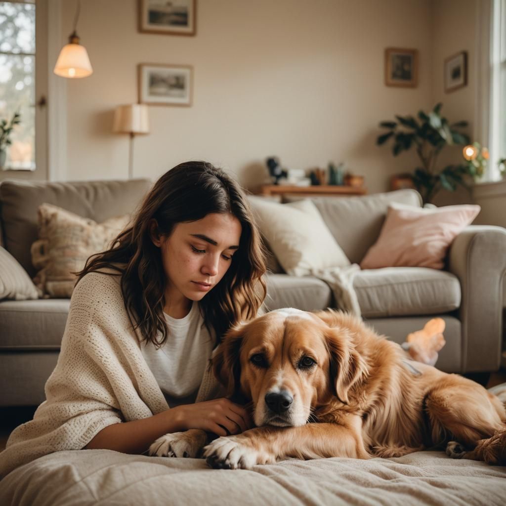 Girl Cared for by Dog in Cozy Room