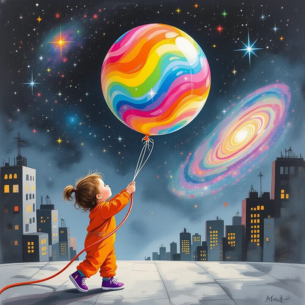 Child Inflating Planet Balloon in Dreamy Urban Space