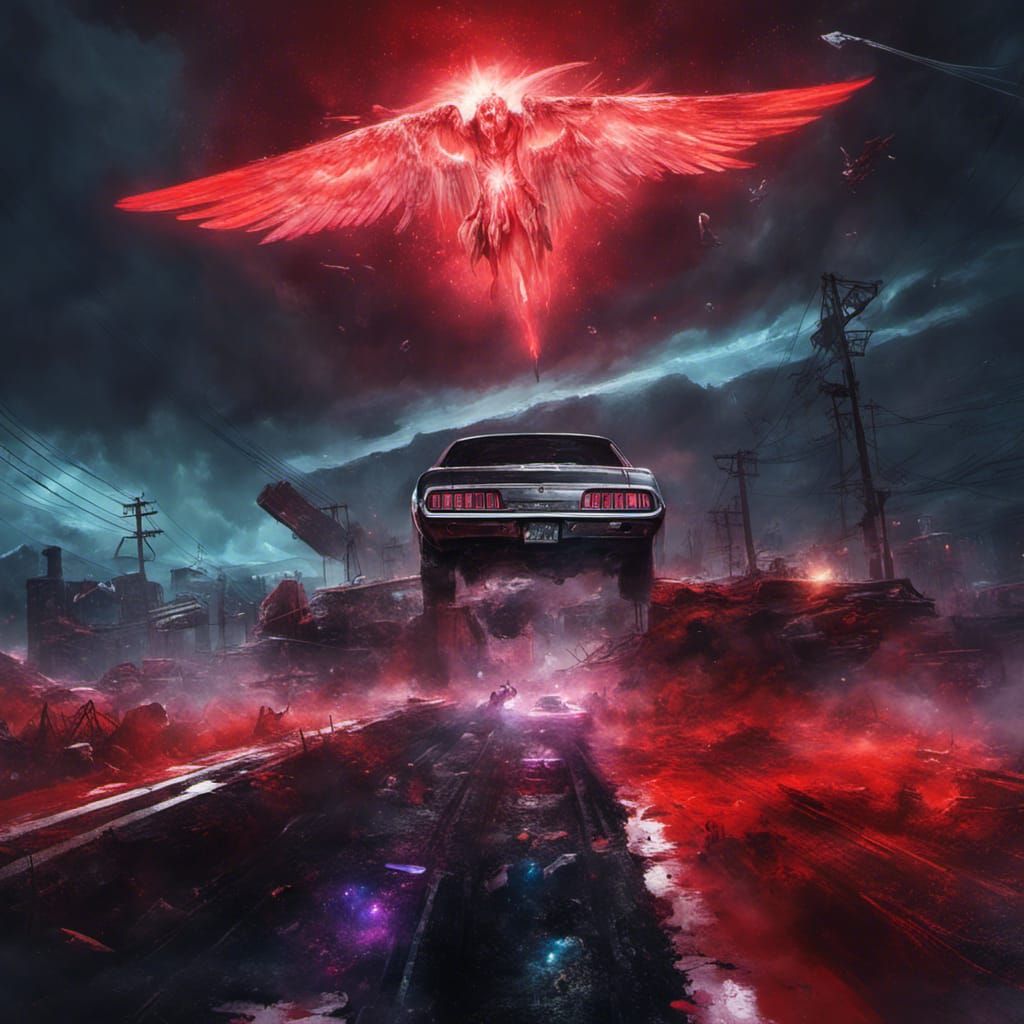 Flying Muscle Car with Angel Wings in Atompunk Style