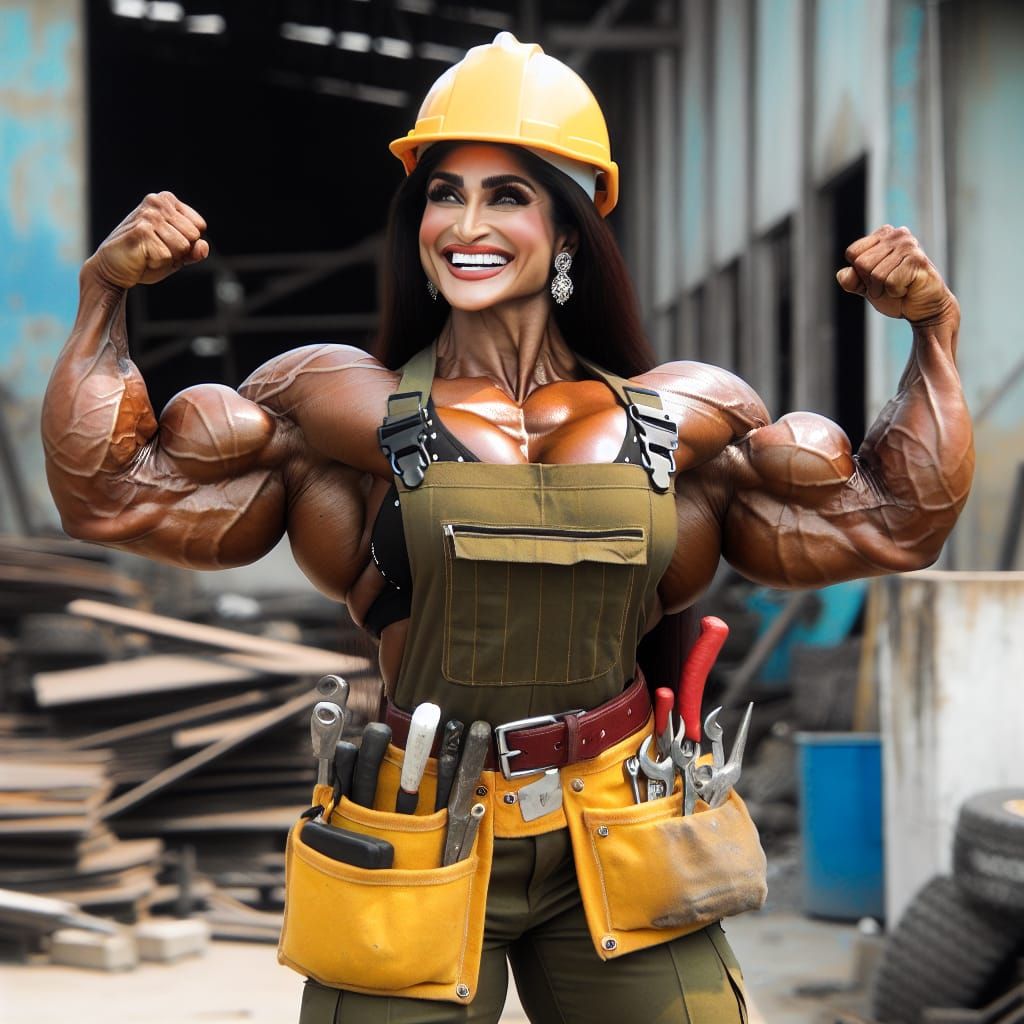 Strong Woman Construction Worker Flexing Biceps
