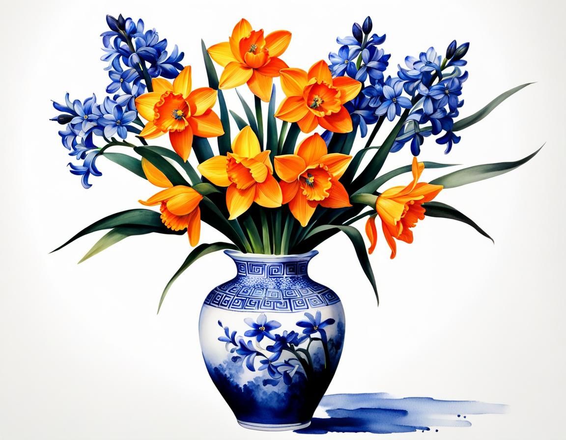 Daffodils and Hyacinth in Chinese Ink Style