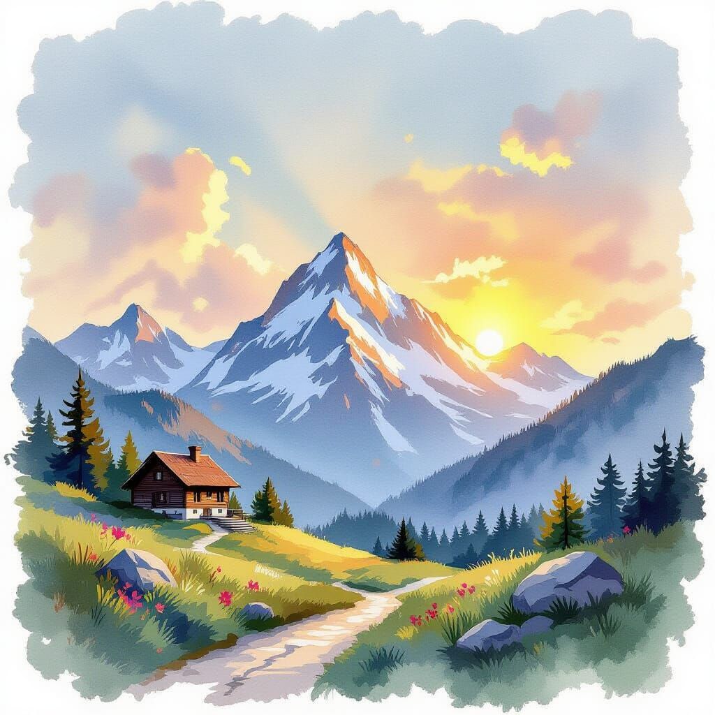 Shining Mountain Morning in Storybook Gouache Style