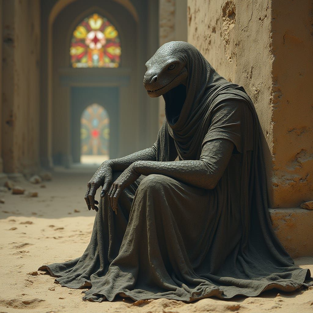 Regal Naga Contemplates Desert Chapel in Hyper-Realistic Sty...