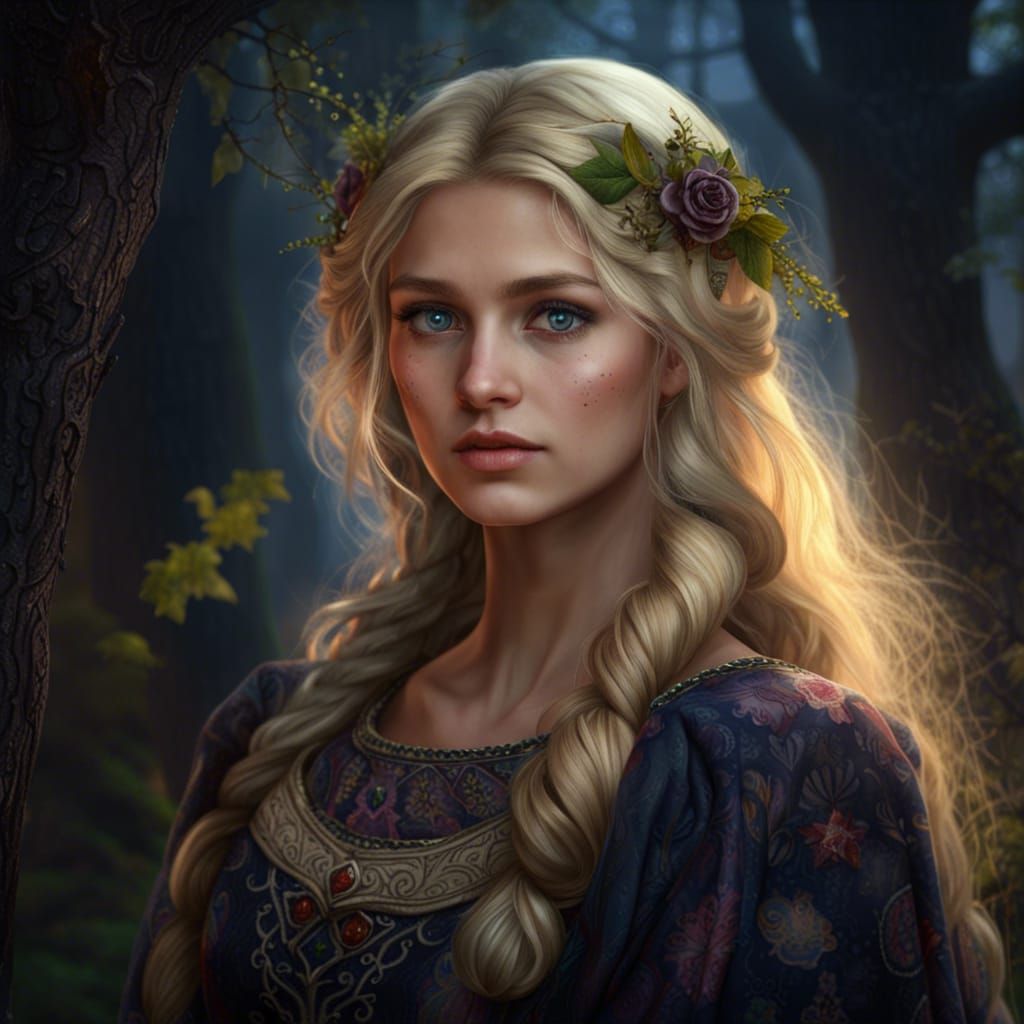 Portrait of Medieval girl in a spooky forest