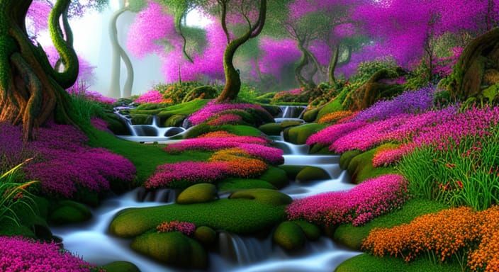 Iridescent Flower River Through Rainforest in Hyperrealism