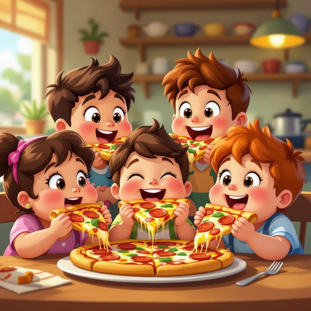 Cartoon Children Enjoying Pizza Party