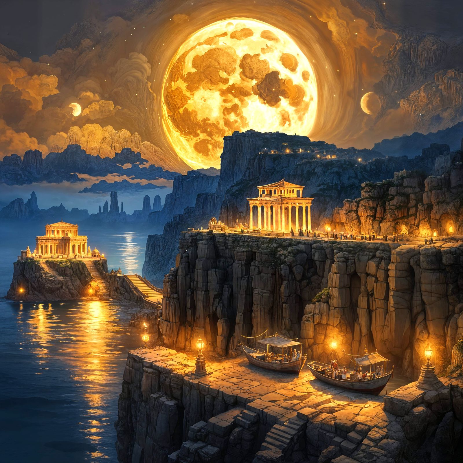 a huge golden moon dominating the sky "A majestic ancient ci...