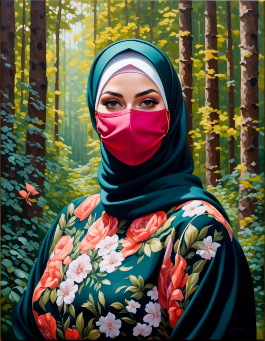 Woman with Hijab in Forest, Oil Painting
