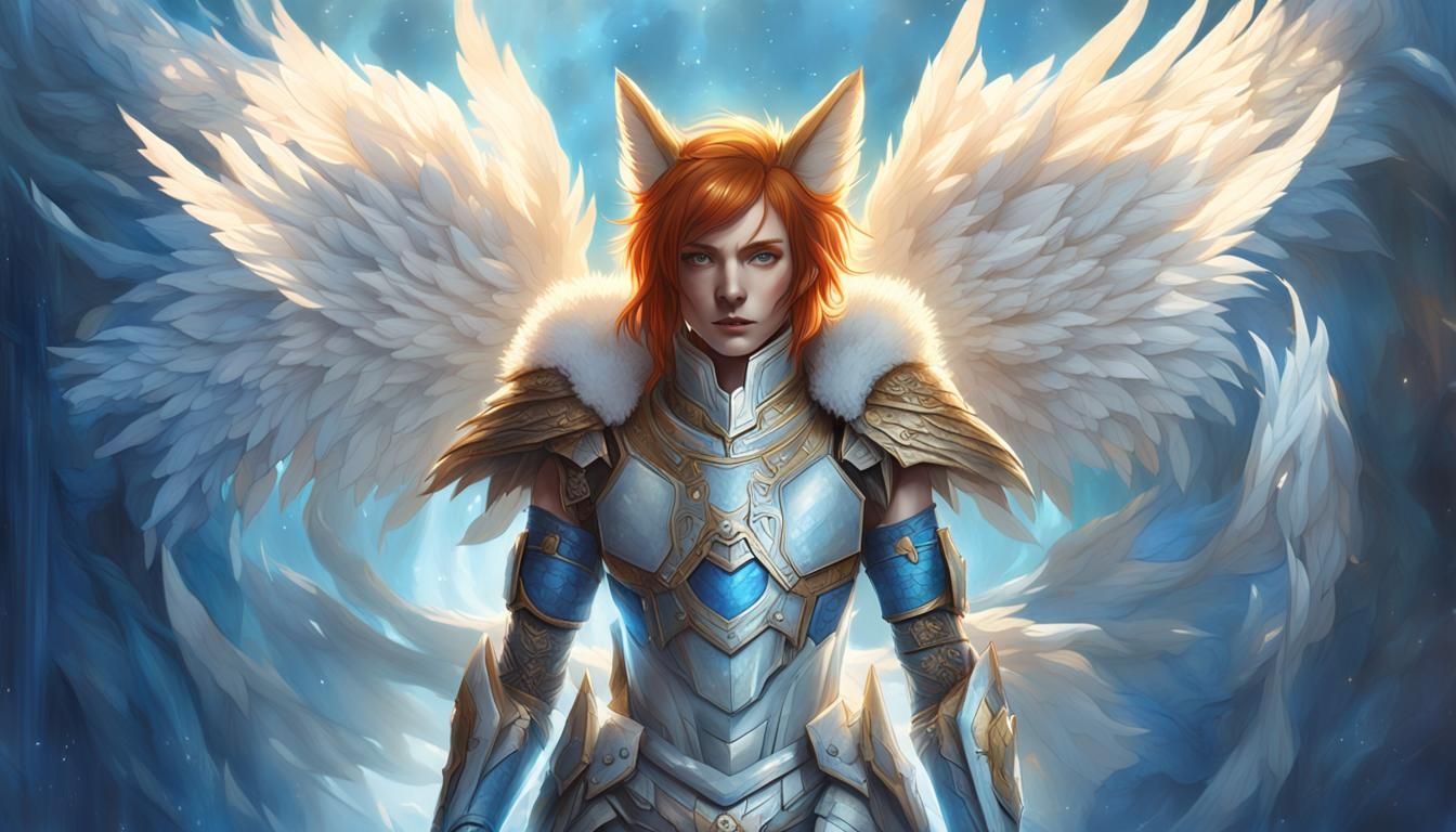Kitsune Warrior with Angelic Wings in Art Nouveau Style