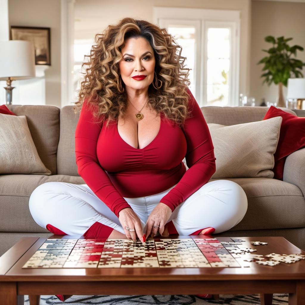 Attractive Woman Doing a Puzzle in Living Room