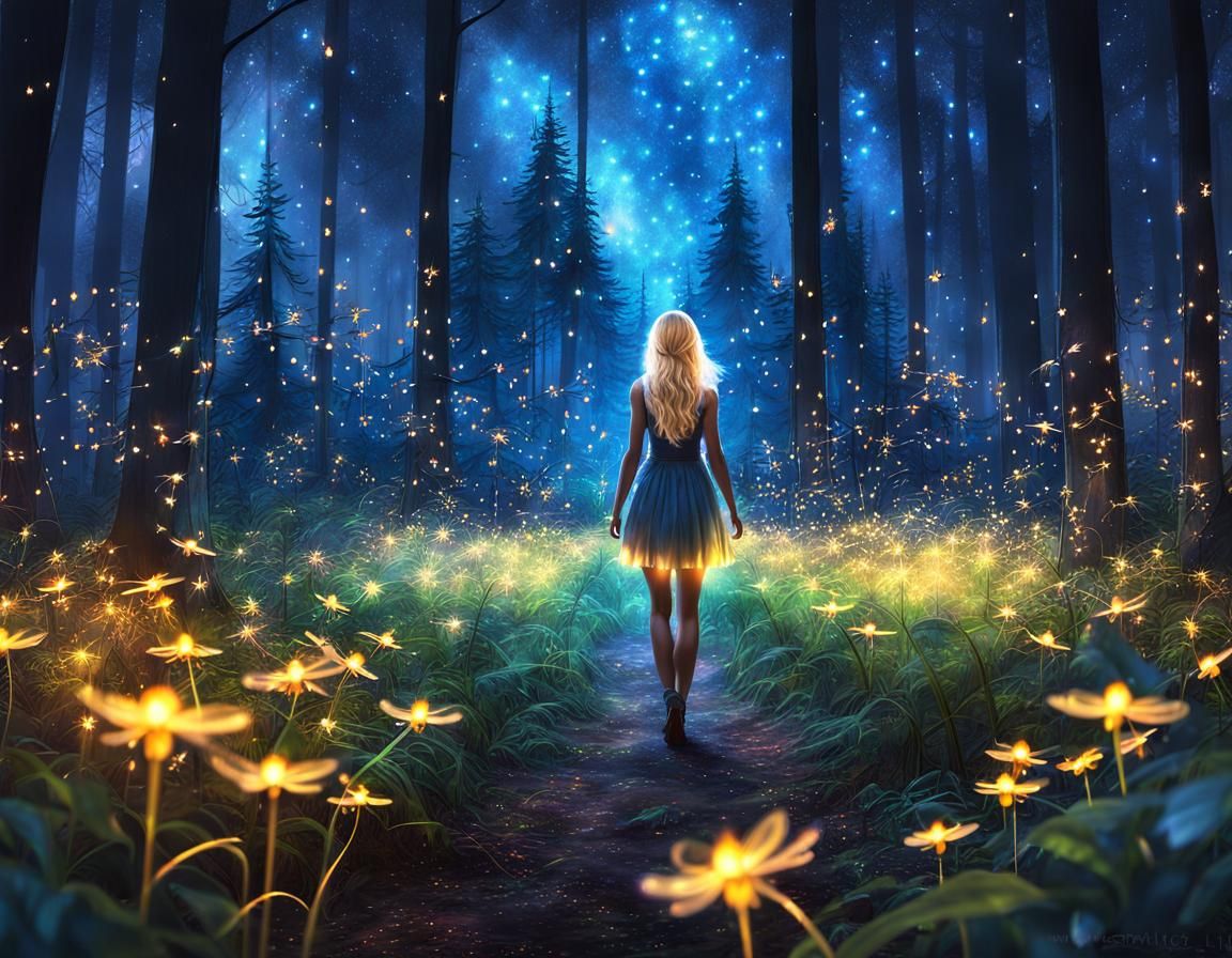 surrounded by fireflies