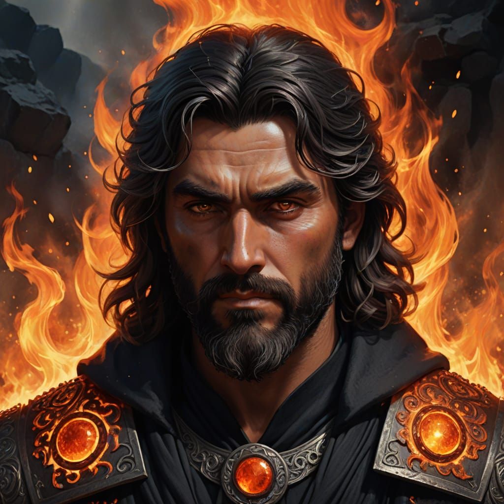 Hephaestus, God of Fire, Close Portrait with Jewels