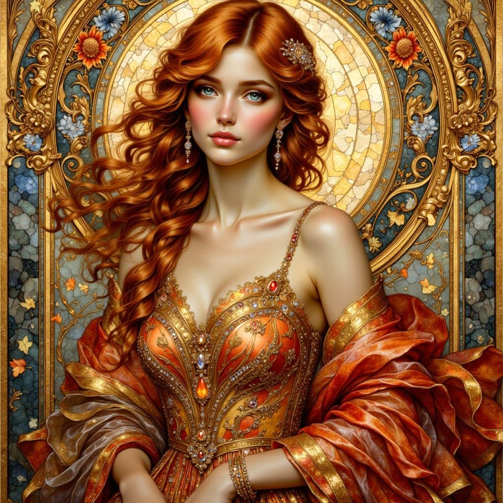Art Nouveau Portrait: Woman in Gold and Ruby Dress