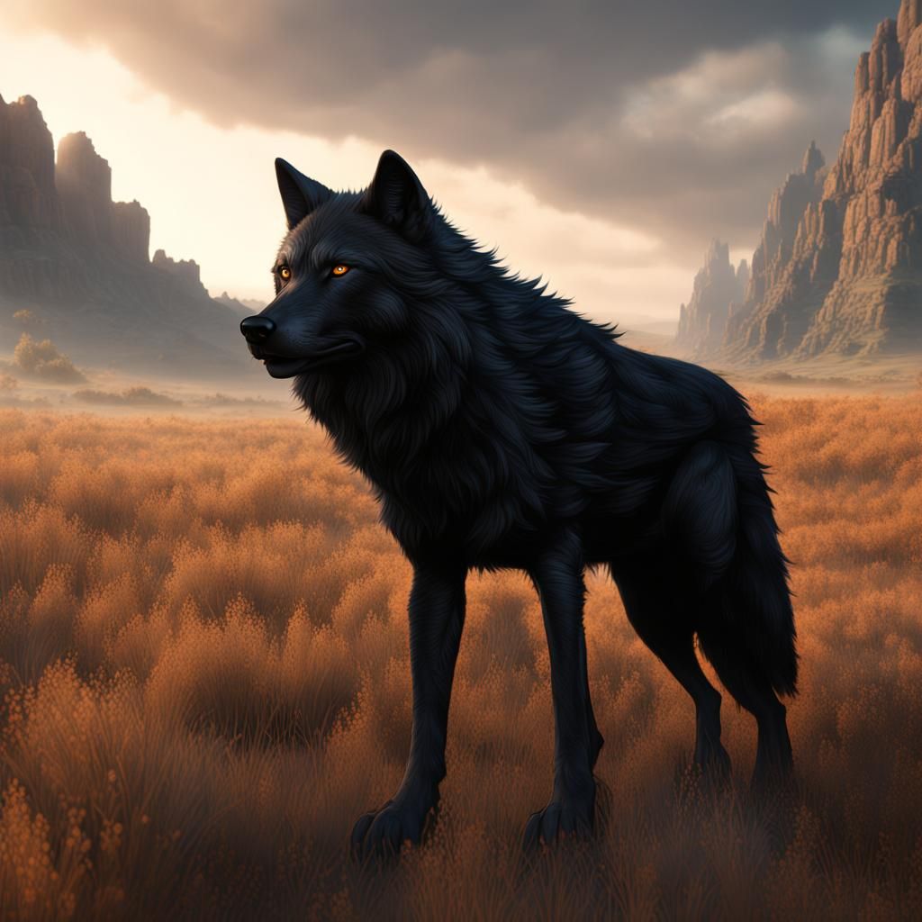 Black Wolf in Great Plains: Fantasy Concept Art
