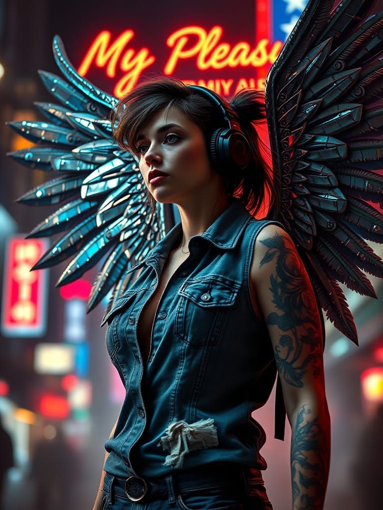 Cyberpunk Angel Warrior in Neon Cityscape