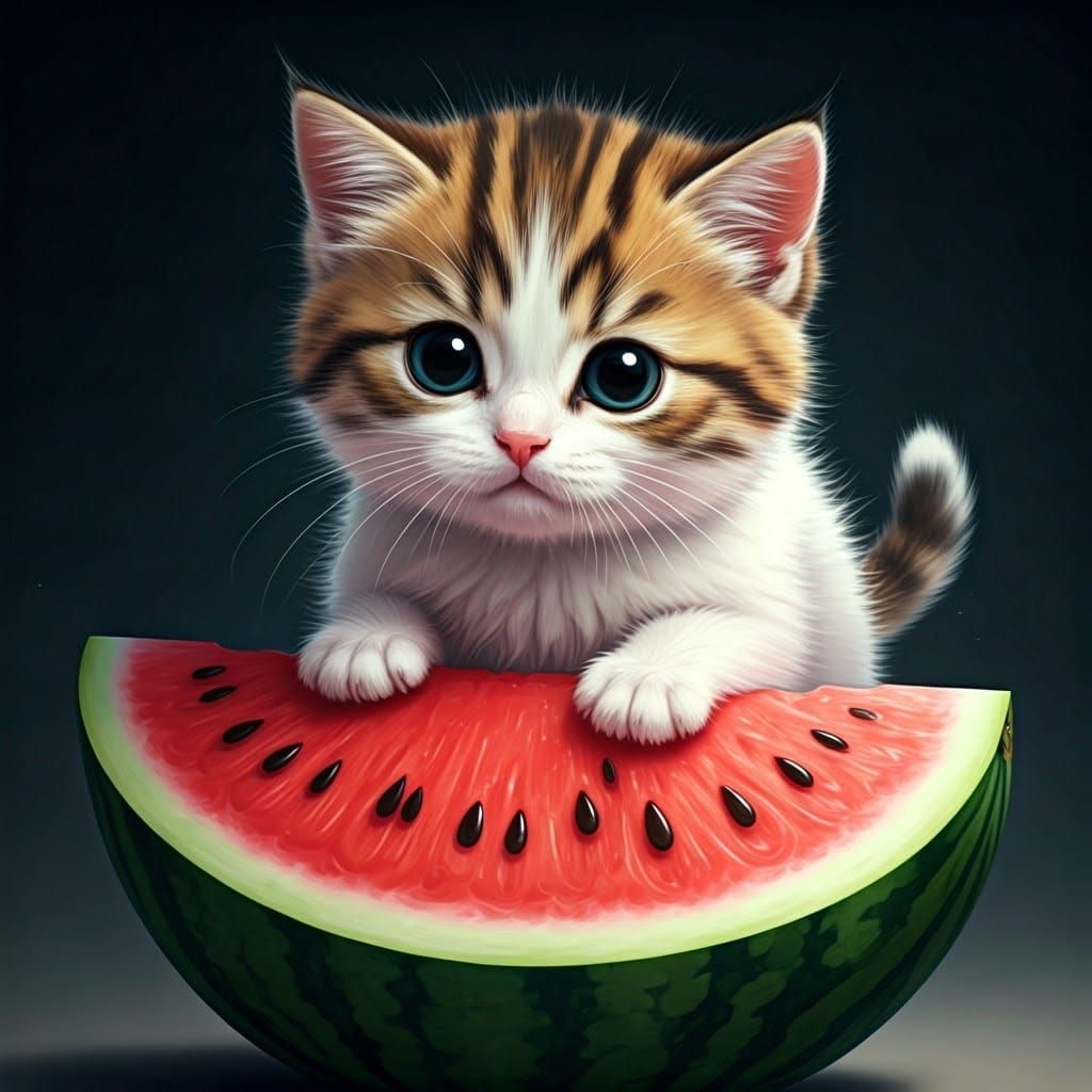 Vibrant Watermelon Kitten Perched Amidst Juicy Pink Interior