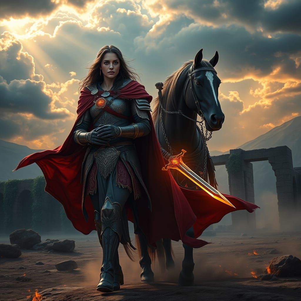 Epic Fantasy Warrior Queen Walks Beside Majestic Horse in De...