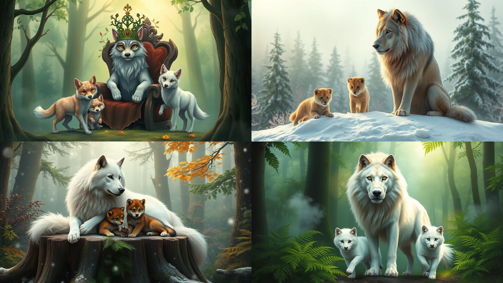 Wolf-Cat King with Family in Snowy Forest