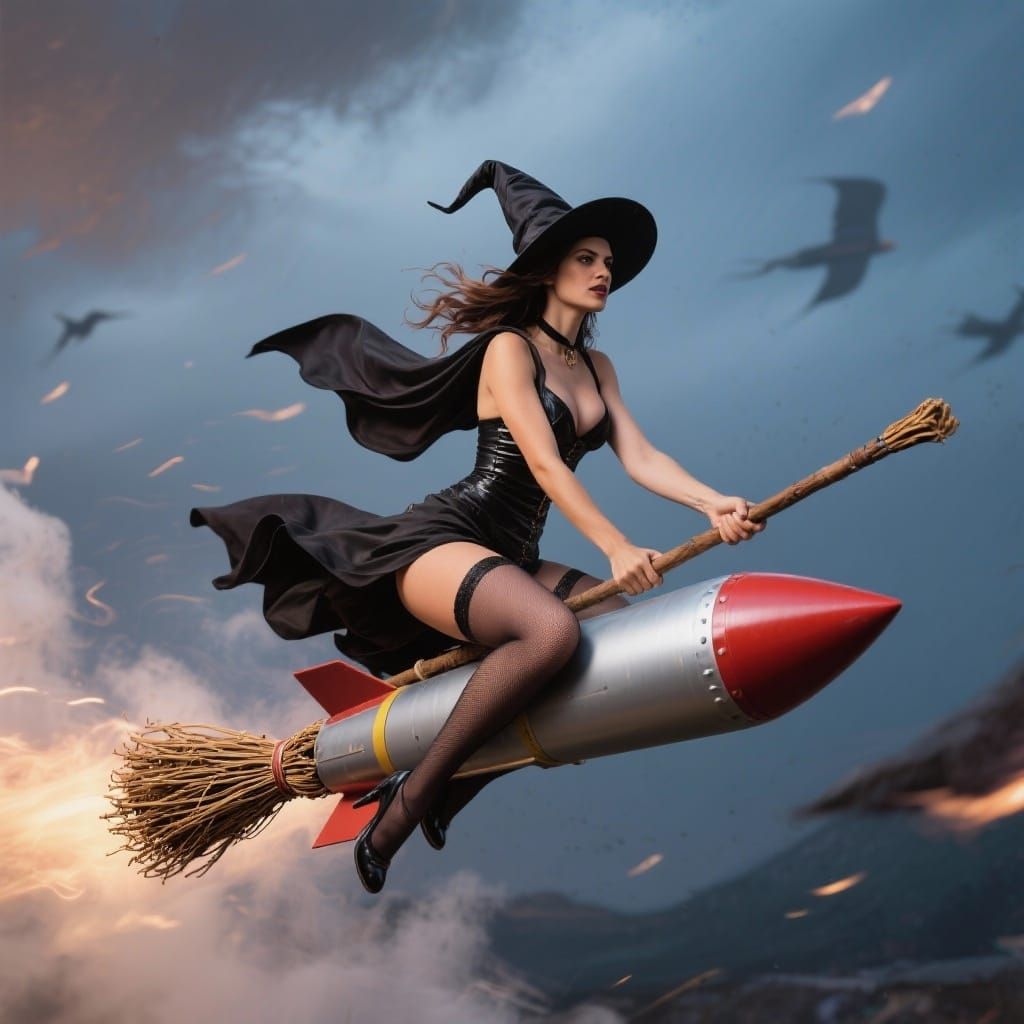 Seductive Witch Rides Broomstick Missile